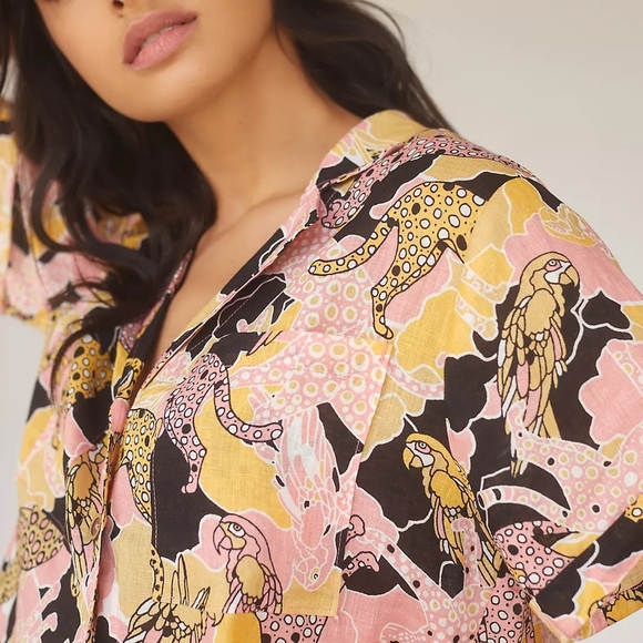 MAEVE Printed Buttondown Surf Shirt, Novelty Printed Cheetah Parrot 100% Linen - Picture 10 of 16
